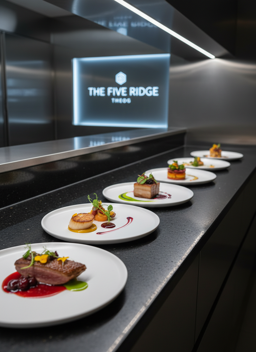 A refined cloud kitchen pass counter for “The Five Ridge Theog,” featuring an elegant row of meticulously plated fine-dining dishes on matte white porcelain, each accented with microgreens and rich sauces. The counter is a dark quartz surface with a subtle reflective sheen, framed by sleek stainless steel walls and softly glowing minimalist branding on frosted glass in the background. Cool, diffused overhead LED lighting creates crisp highlights on the plates and gentle shadows along the counter, emphasizing precision and cleanliness. Shot at eye level with a shallow depth of field so the front dish is in sharp focus while the background gently blurs. The mood is sophisticated and professional, with clean, photographic realism that conveys premium quality and modern culinary excellence for a delivery-forward restaurant.