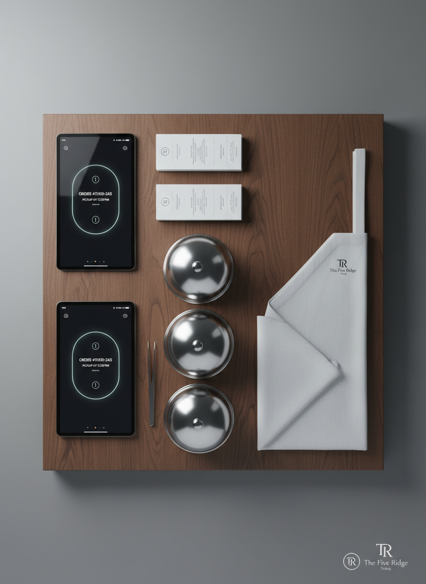 A tastefully composed overhead shot of a minimalist kitchen operations board for “The Five Ridge Theog,” showing sleek digital tablets and printed order tickets neatly aligned on a warm walnut surface. Beside them, a set of gleaming stainless steel cloches, a precision plating tweezer, and a pristine white chef’s apron folded with geometric precision suggest meticulous workflow. Cool, even studio lighting from above creates minimal shadows, reinforcing a sense of order and efficiency. The color palette is restrained: deep browns, brushed metal, and crisp white, with a subtle brand logo watermark in the corner. The composition follows a carefully balanced grid, with sharp focus throughout. The mood is calm, controlled, and sophisticated, highlighting the cloud kitchen’s seamless, high-end logistics and attention to detail.