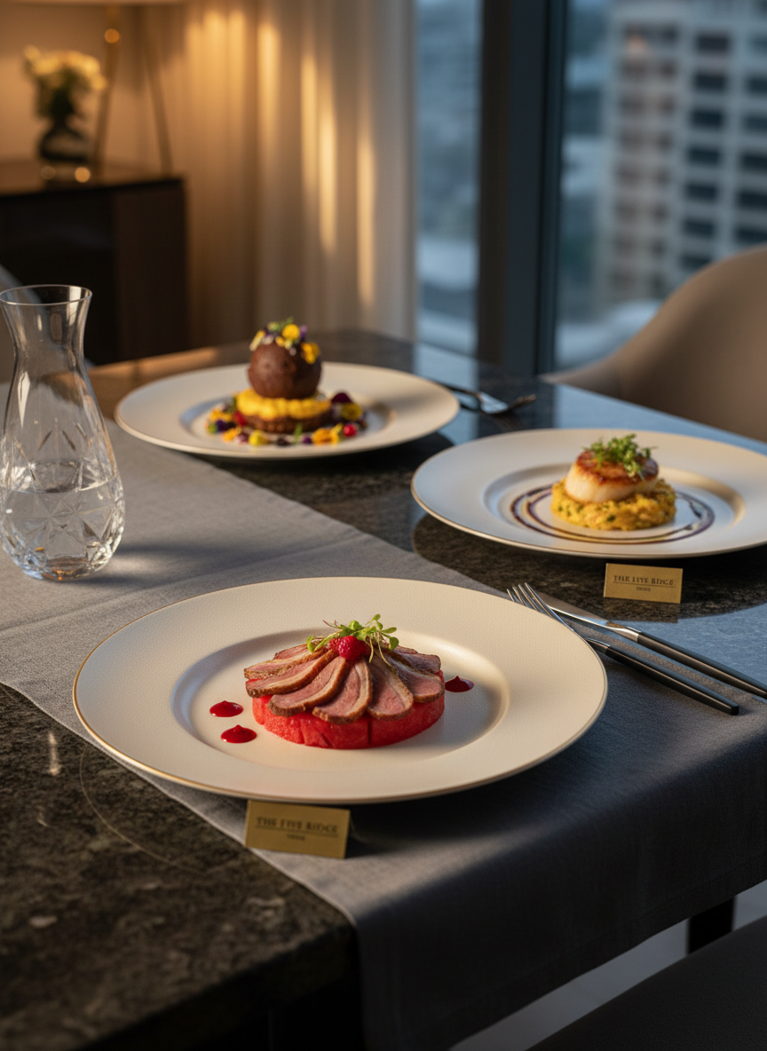 A luxurious home dining setup featuring a complete fine-dining delivery from “The Five Ridge Theog” elegantly transferred into restaurant-style plating. On a dark stone dining table, three courses are presented on matte ivory porcelain with gold rims: a delicate starter, a sculpted main dish with precise sauce swirls, and an intricate dessert. Each plate hints at its origin with a small, unobtrusive branded tag. A crystal water carafe and minimalist cutlery rest on a slate-gray linen runner. Warm, indirect ambient lighting from a hidden source casts soft glows and elongated shadows, creating intimacy and depth. Shot at a slightly low, three-quarter angle, the foreground plate is in sharp focus while the others subtly recede. The atmosphere is serene and indulgent, showcasing how delivery can recreate a fine-dining restaurant experience at home.