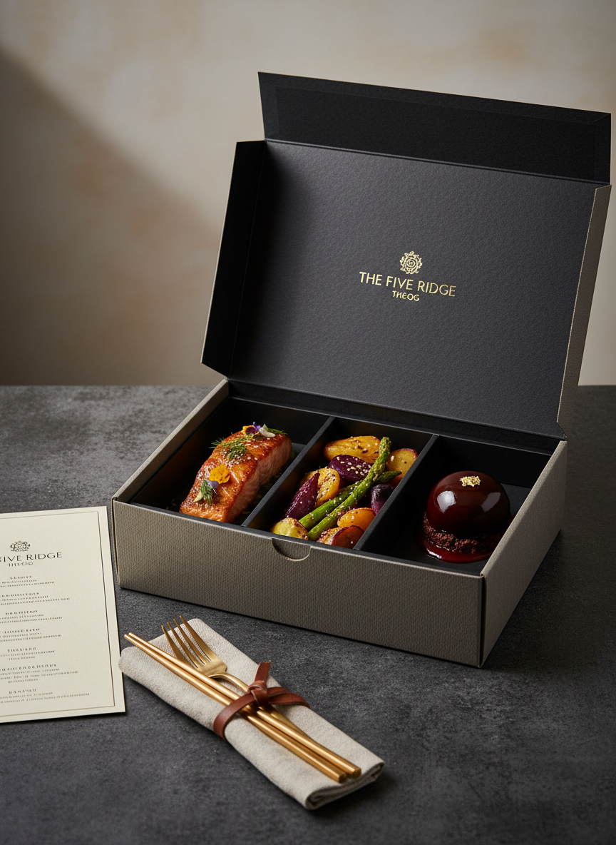 An exquisitely arranged gourmet meal from “The Five Ridge Theog” displayed in an open, high-end delivery box on a textured charcoal tabletop. Inside, compartmentalized trays showcase colorful, artfully composed dishes: perfectly seared protein, delicate vegetables, and a glossy dessert, all in eco-luxury matte black containers with subtle gold-foil branding. A folded, cream-colored menu card with refined typography rests beside reusable metal cutlery wrapped in a linen napkin. Soft, directional studio lighting from the left casts smooth gradients and gentle shadows, creating depth and a sense of quiet luxury. The background fades to a soft bokeh of neutral tones. Captured from a slightly elevated angle in photographic realism, the image feels polished and sophisticated, emphasizing the fusion of fine dining presentation with the convenience of home delivery.